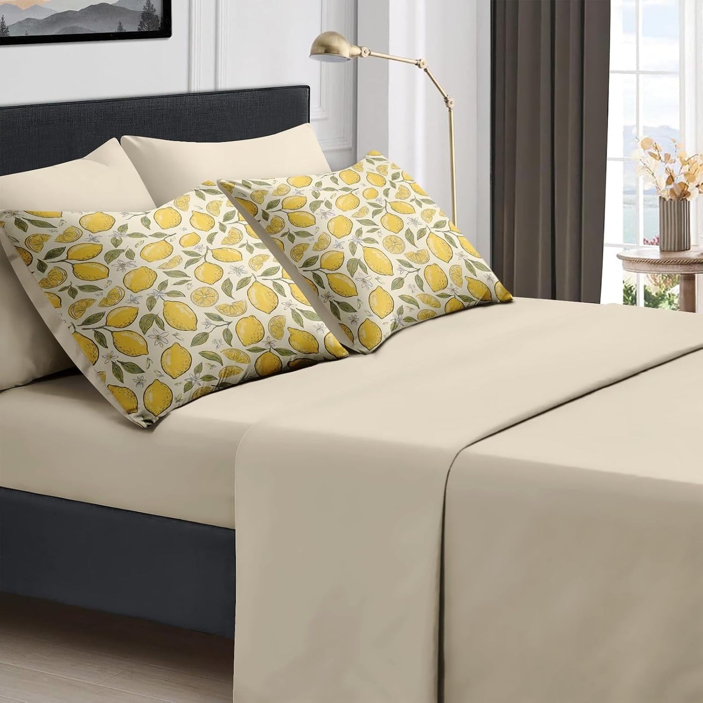 Comforter Set Full Size, Lemon Citrus Summer 7 Pcs Bedding for Kids and Adults, Yellow Botanical Bed Sheet Sets with Fitted Sheet 2 Pillowcases & 2 Shams for Bedroom Bed Decor