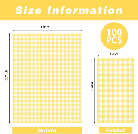 100 Pcs Yellow Gingham Napkins Disposable - Yellow and White Checkered Paper Napkins - Plaid Dinner Napkins for Picnic Golf Easter BBQ Birthday Wedding Party Supplies