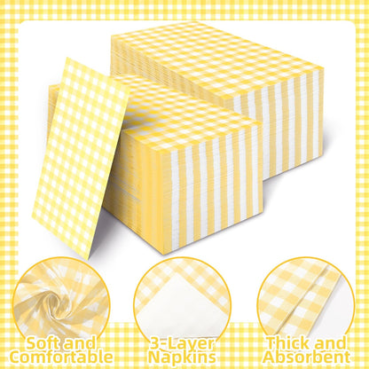 100 Pcs Yellow Gingham Napkins Disposable - Yellow and White Checkered Paper Napkins - Plaid Dinner Napkins for Picnic Golf Easter BBQ Birthday Wedding Party Supplies
