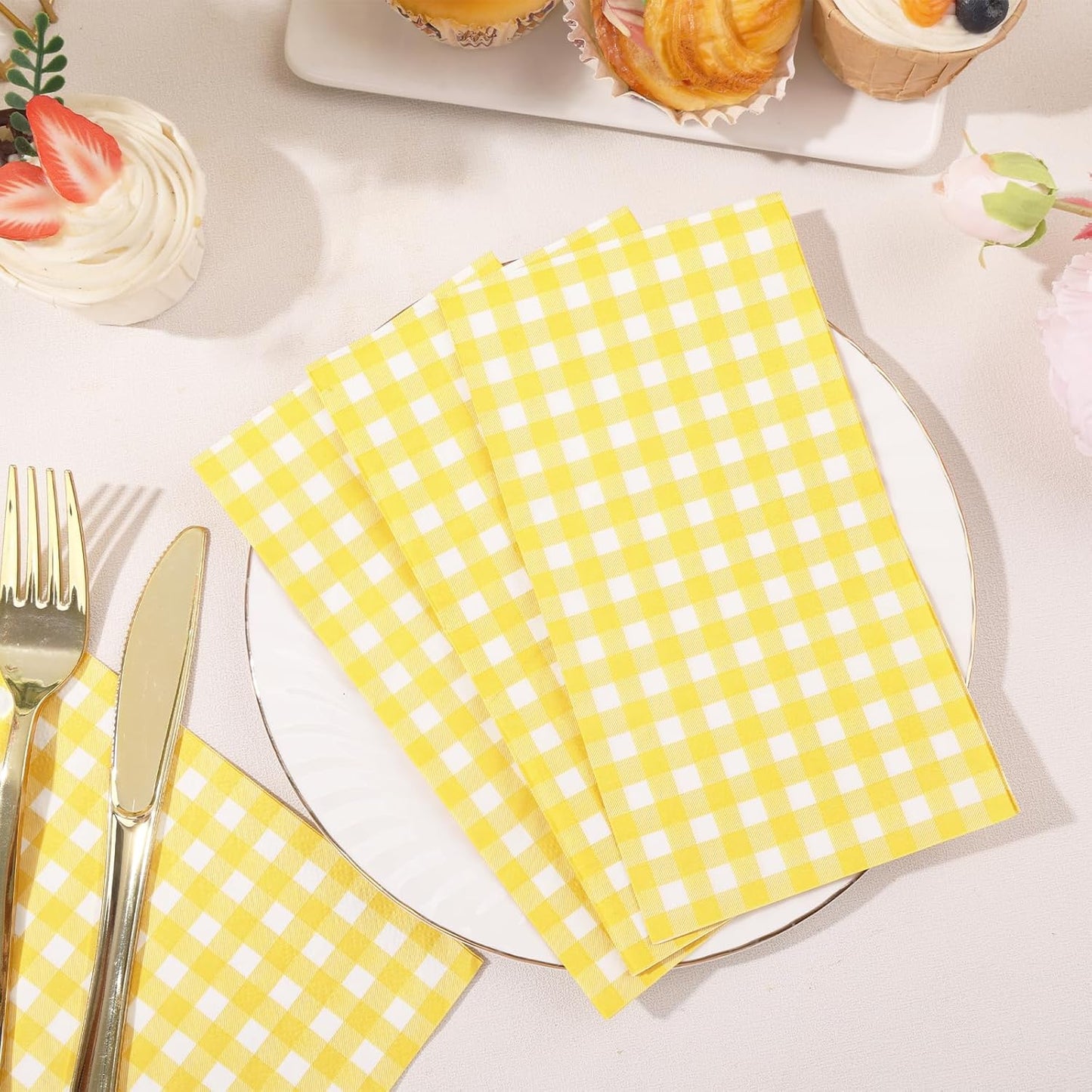 100 Pcs Yellow Gingham Napkins Disposable - Yellow and White Checkered Paper Napkins - Plaid Dinner Napkins for Picnic Golf Easter BBQ Birthday Wedding Party Supplies
