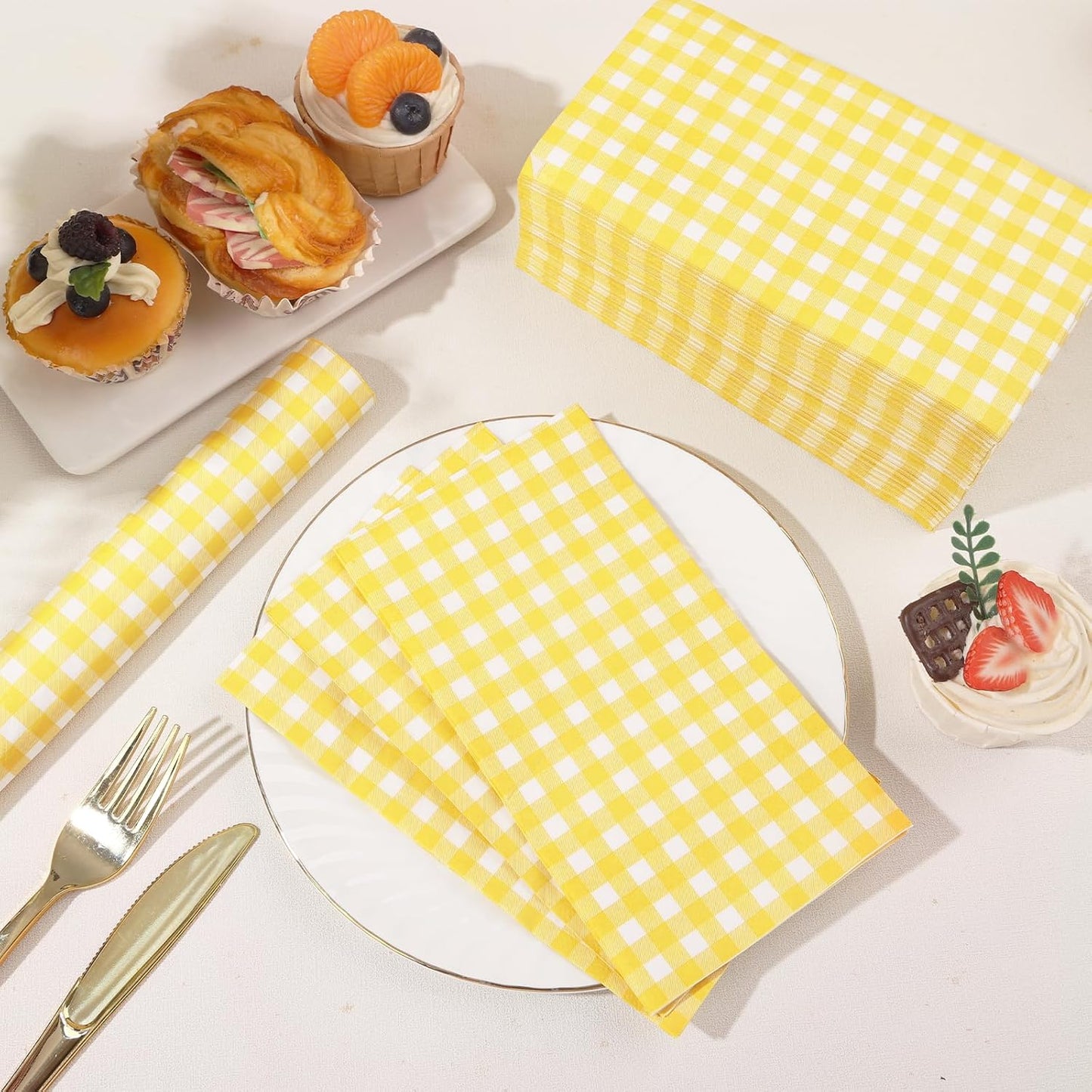 100 Pcs Yellow Gingham Napkins Disposable - Yellow and White Checkered Paper Napkins - Plaid Dinner Napkins for Picnic Golf Easter BBQ Birthday Wedding Party Supplies