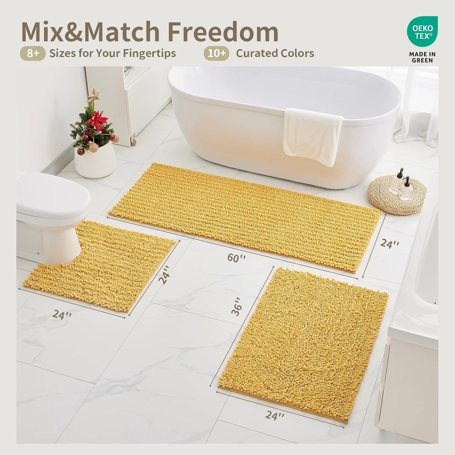 Bathroom Rugs Non Slip Washable 32x20, Extra Thick Soft Chenille Absorbent Bath Mat, High Density Barrier Non Slip Backing, Quick Dry Plush Shaggy Floor Carpet for Tub&Shower, Yellow