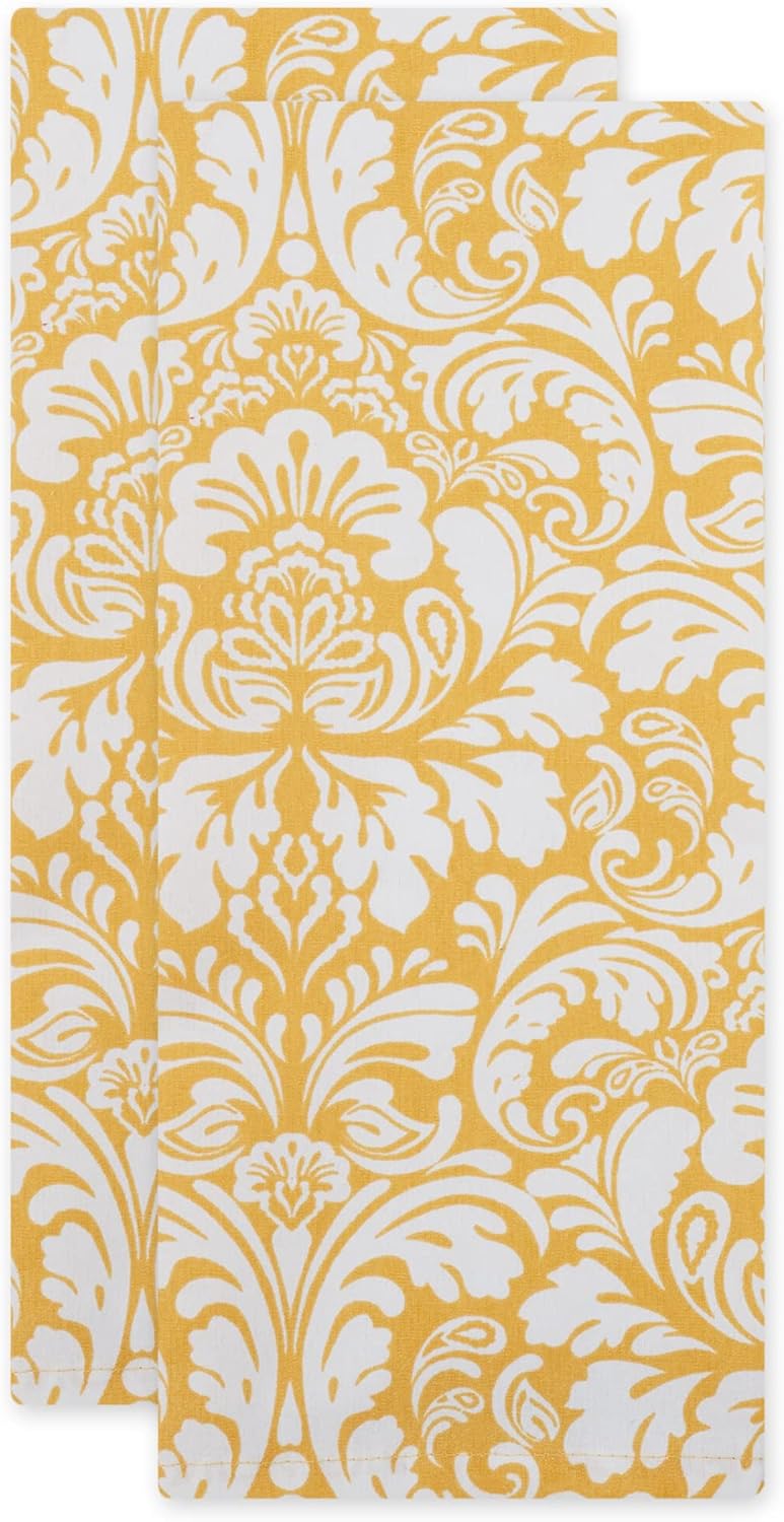 Cotton Dish Towel Set Damask Print, 18x28, Mustard, 2 Count