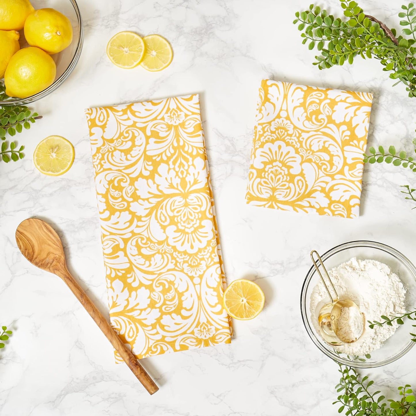 Cotton Dish Towel Set Damask Print, 18x28, Mustard, 2 Count