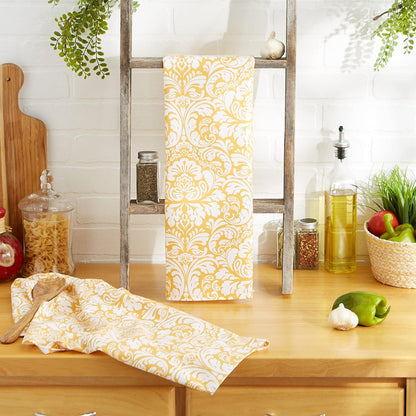 Cotton Dish Towel Set Damask Print, 18x28, Mustard, 2 Count