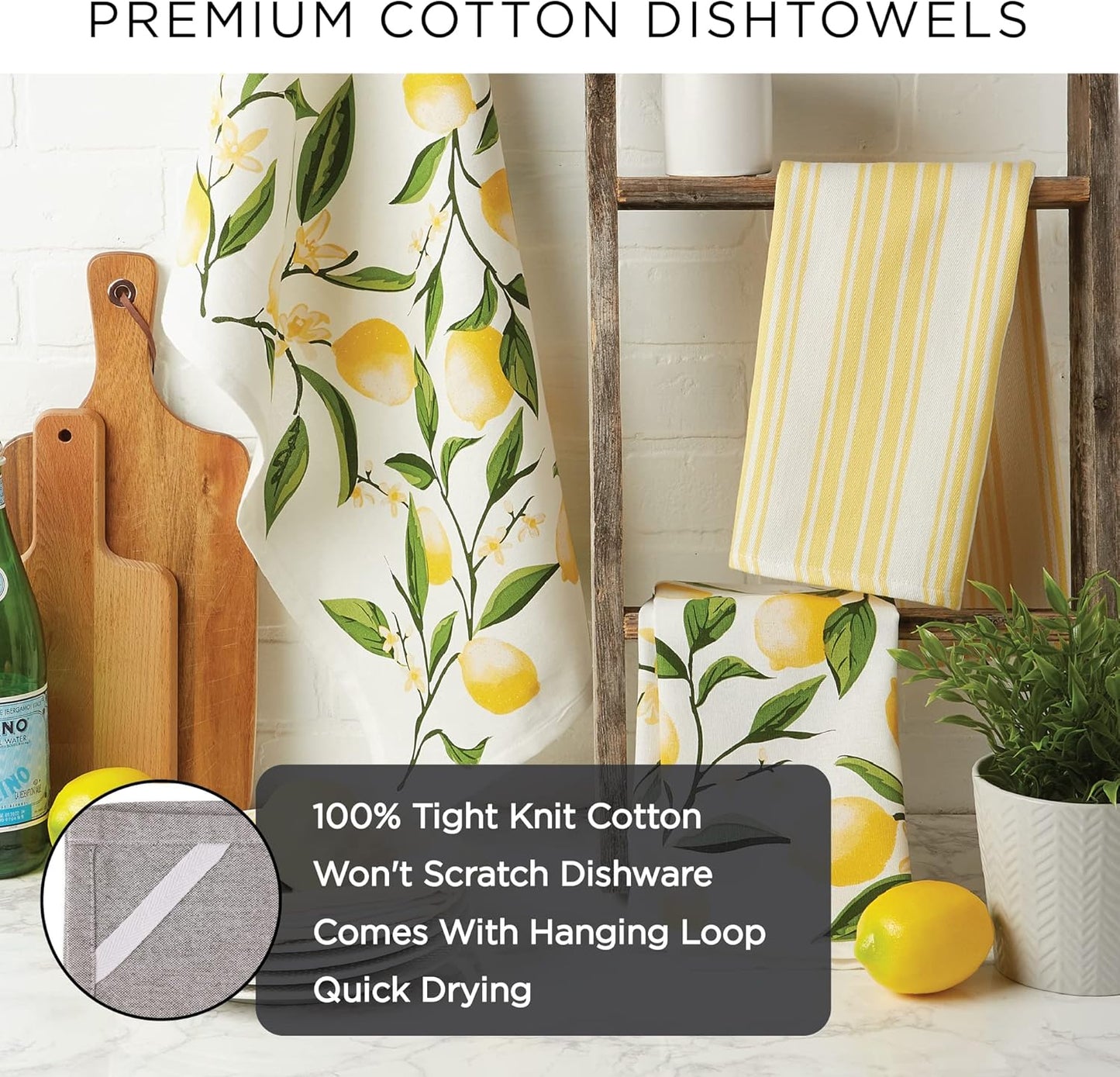 Cotton Dish Towel Set Damask Print, 18x28, Mustard, 2 Count