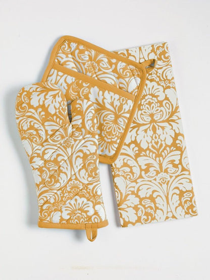 Cotton Dish Towel Set Damask Print, 18x28, Mustard, 2 Count