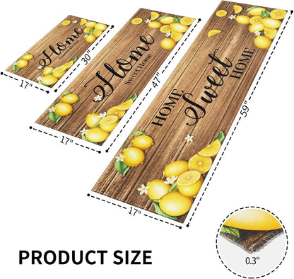 Lemon Kitchen Rugs Set of 3 Yellow Summer Farmhouse Non Slip Floor Mats | Lemon Kitchen Mats Non-Skid Machine Washable for Kitchen Floor Sink Rugs Decor and Accessories 17"x30"+17"x47"+17"x59"