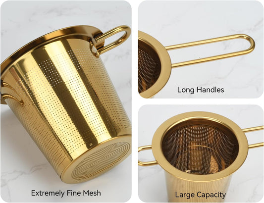 2pcs Tea Infuser, Stainless Steel Tea Strainer Fine Mesh Tea Diffuser with Double Long Handles Loose Leaf Tea Steeper for Mugs Cups Teapots (Gold)