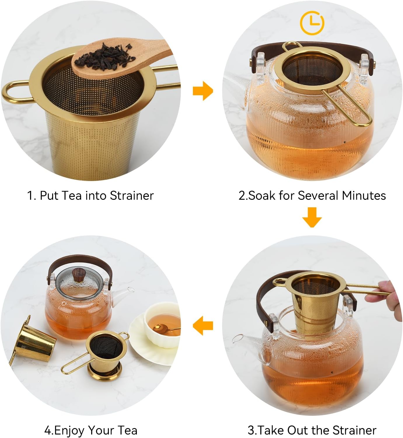 2pcs Tea Infuser, Stainless Steel Tea Strainer Fine Mesh Tea Diffuser with Double Long Handles Loose Leaf Tea Steeper for Mugs Cups Teapots (Gold)