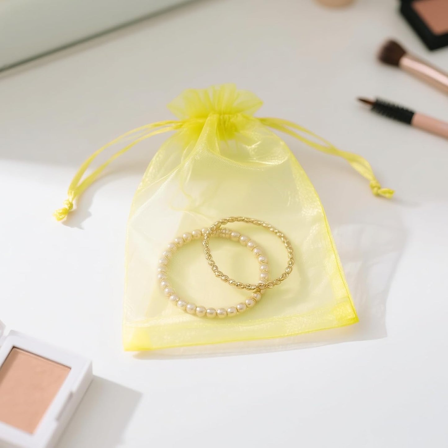25PCS Yellow Organza Bags, 5x7 inches Sheer Mesh Jewelry Pouches | Mesh Drawstring Bag for Gift, for Candy, Wedding Party Favors, Baby Showers, Birthdays, Holiday