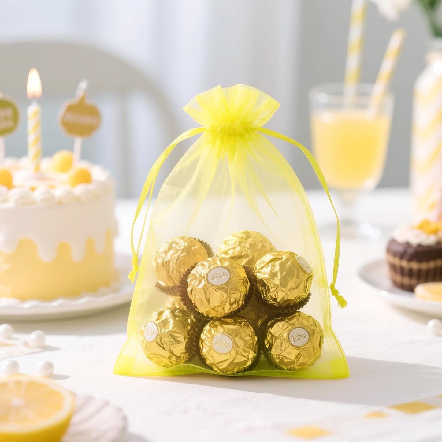 25PCS Yellow Organza Bags, 5x7 inches Sheer Mesh Jewelry Pouches | Mesh Drawstring Bag for Gift, for Candy, Wedding Party Favors, Baby Showers, Birthdays, Holiday