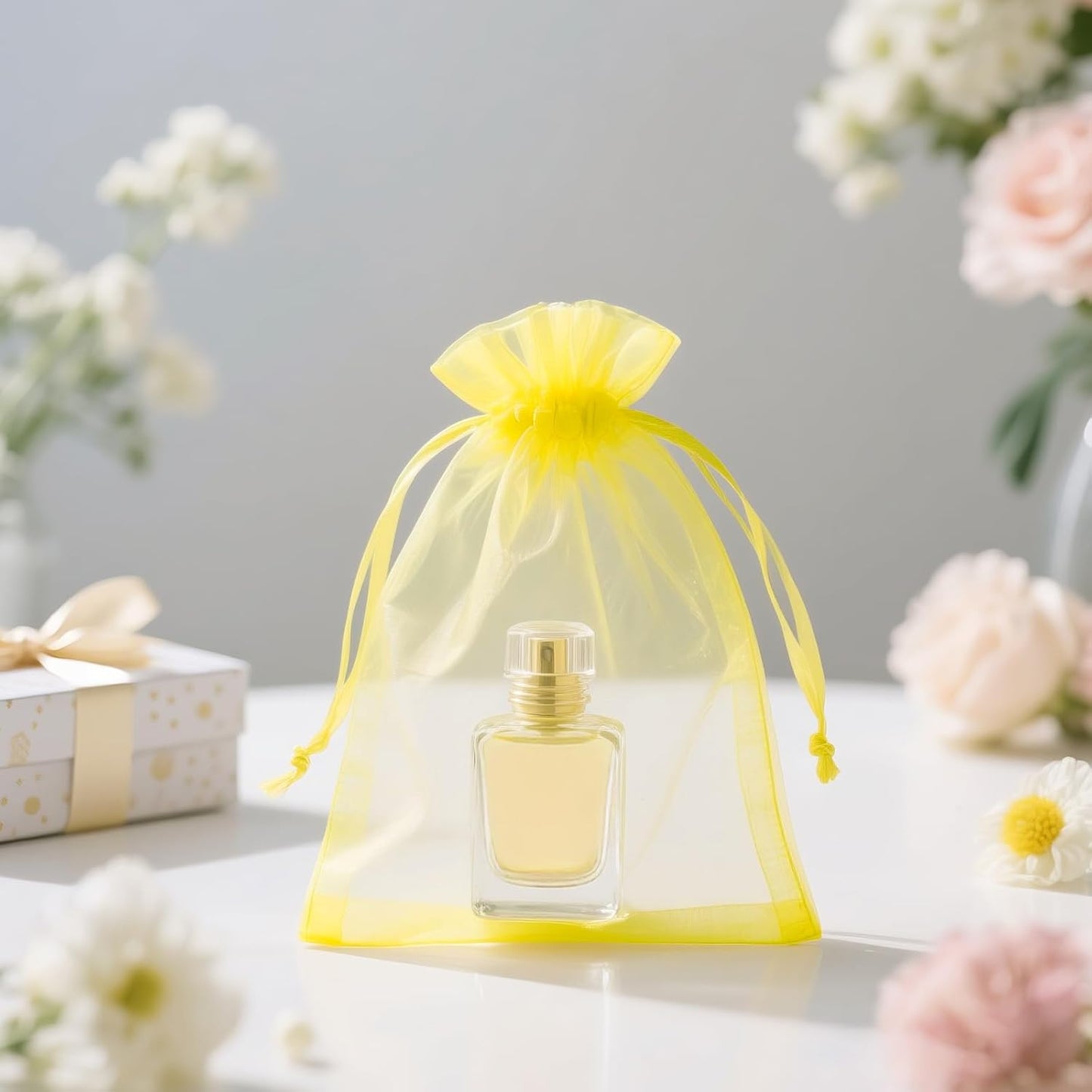25PCS Yellow Organza Bags, 5x7 inches Sheer Mesh Jewelry Pouches | Mesh Drawstring Bag for Gift, for Candy, Wedding Party Favors, Baby Showers, Birthdays, Holiday