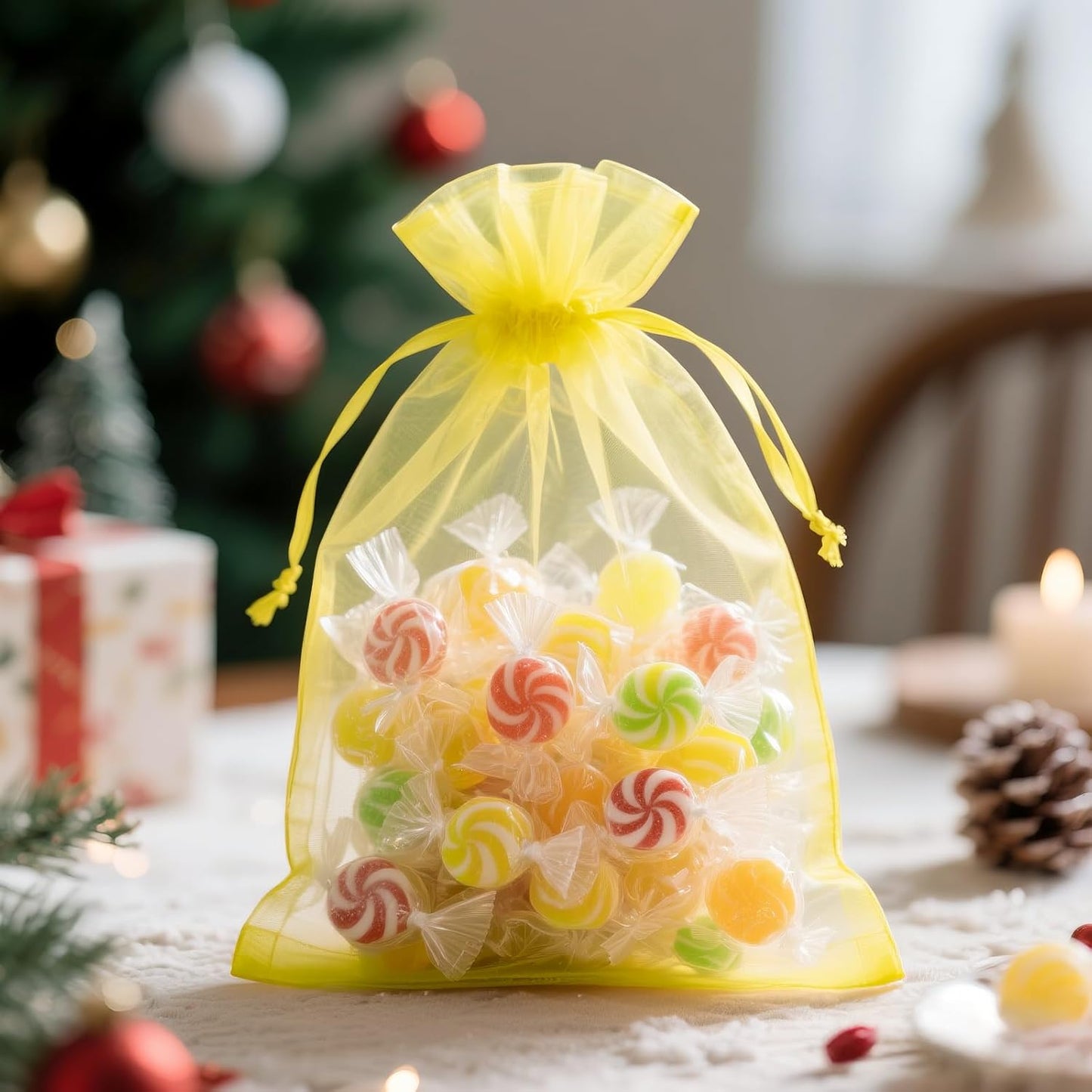 25PCS Yellow Organza Bags, 5x7 inches Sheer Mesh Jewelry Pouches | Mesh Drawstring Bag for Gift, for Candy, Wedding Party Favors, Baby Showers, Birthdays, Holiday