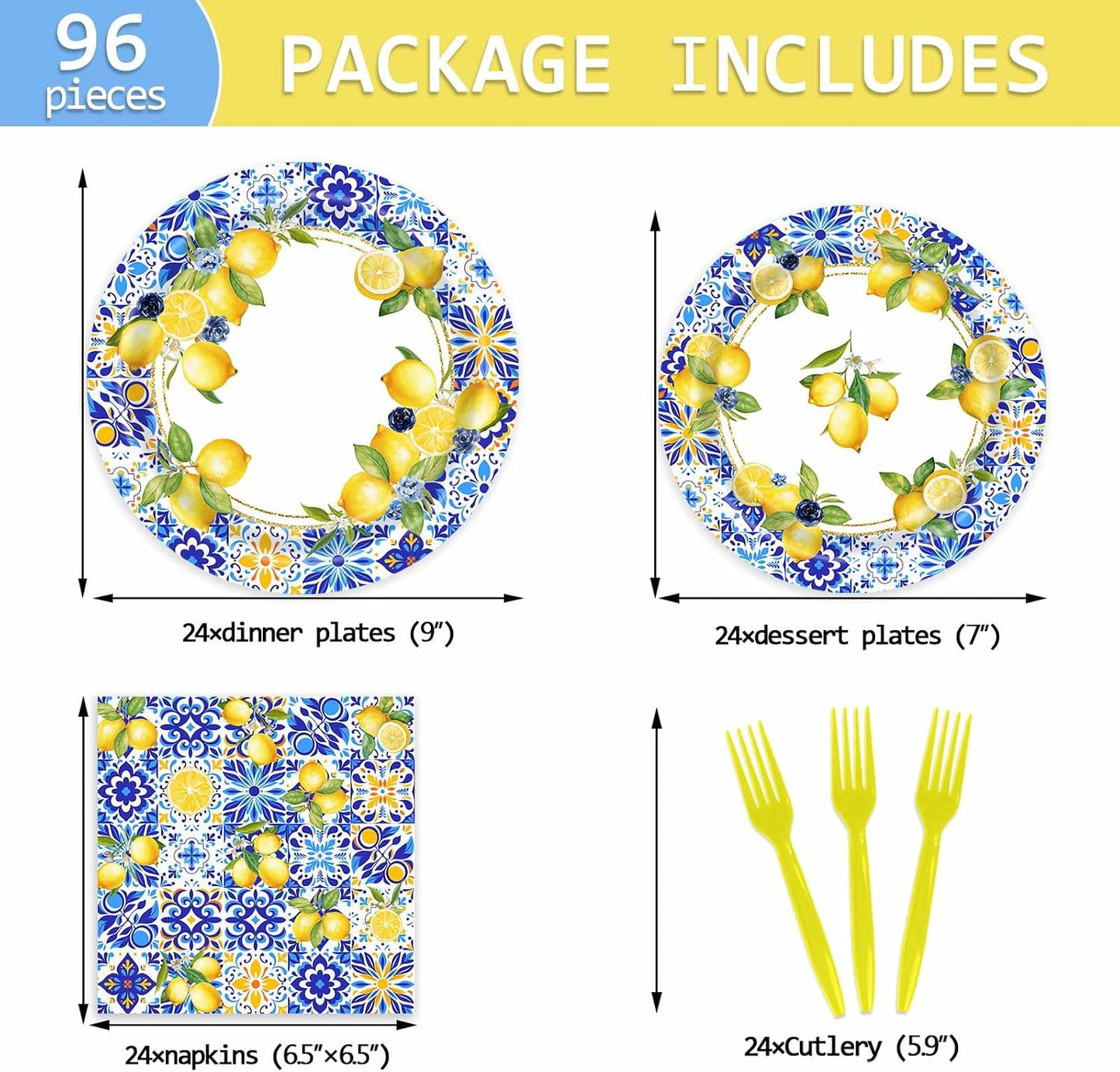96 PCS Capri Lemon Baby Shower Birthday Party Plates and Napkins Mediterranean Summer She Found Her Main Squeeze Bridal Shower Supplies Tableware Set for 24 Guests