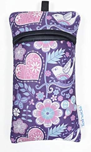 Neoprene Neck Cell Phone Sleeve Bag Pouch w/Clip (Purple Floral) | small shockproof water-resistant, lightweight cellphone pocket holder carrier, w/ adjustable lanyard and carabiner
