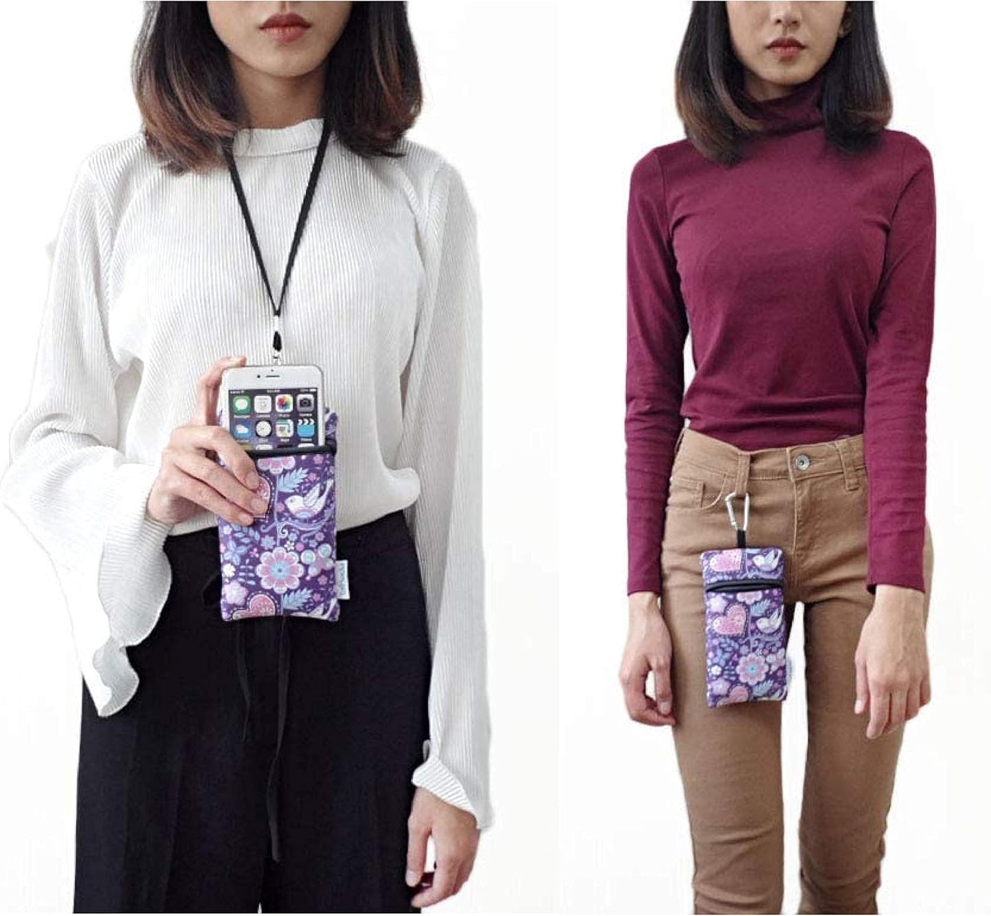 Neoprene Neck Cell Phone Sleeve Bag Pouch w/Clip (Purple Floral) | small shockproof water-resistant, lightweight cellphone pocket holder carrier, w/ adjustable lanyard and carabiner