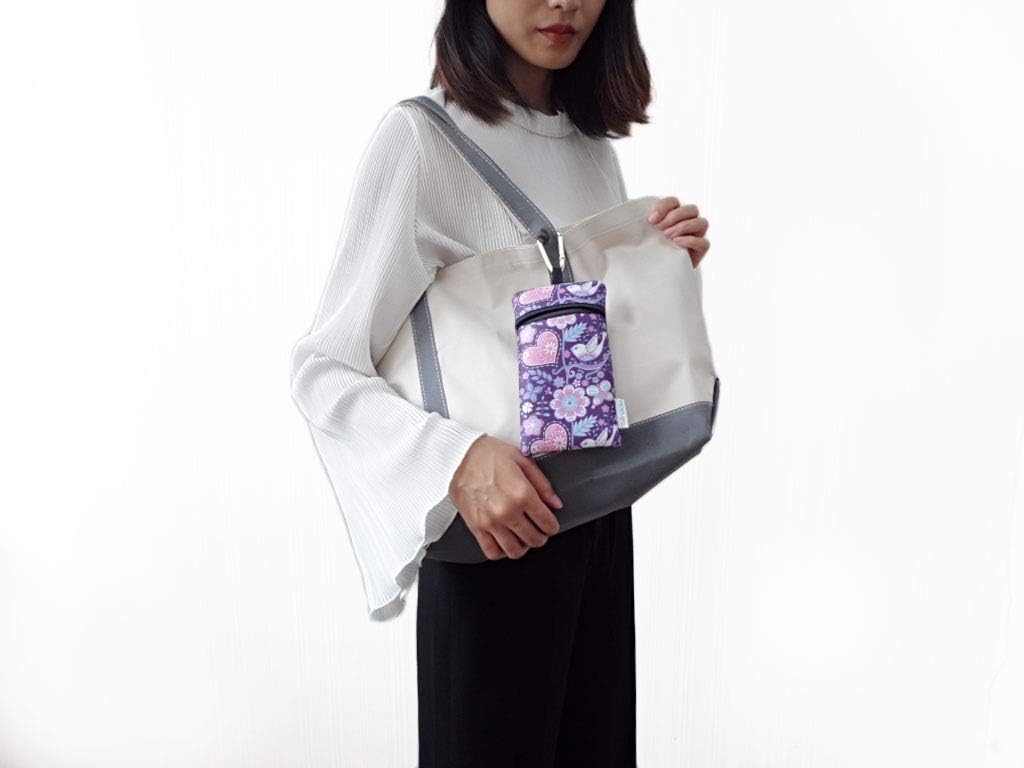 Neoprene Neck Cell Phone Sleeve Bag Pouch w/Clip (Purple Floral) | small shockproof water-resistant, lightweight cellphone pocket holder carrier, w/ adjustable lanyard and carabiner