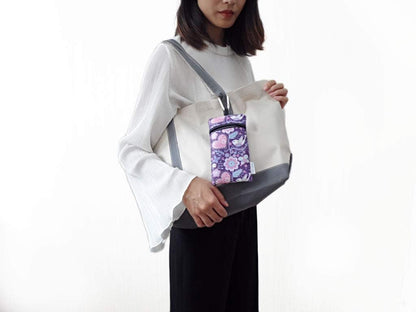 Neoprene Neck Cell Phone Sleeve Bag Pouch w/Clip (Purple Floral) | small shockproof water-resistant, lightweight cellphone pocket holder carrier, w/ adjustable lanyard and carabiner