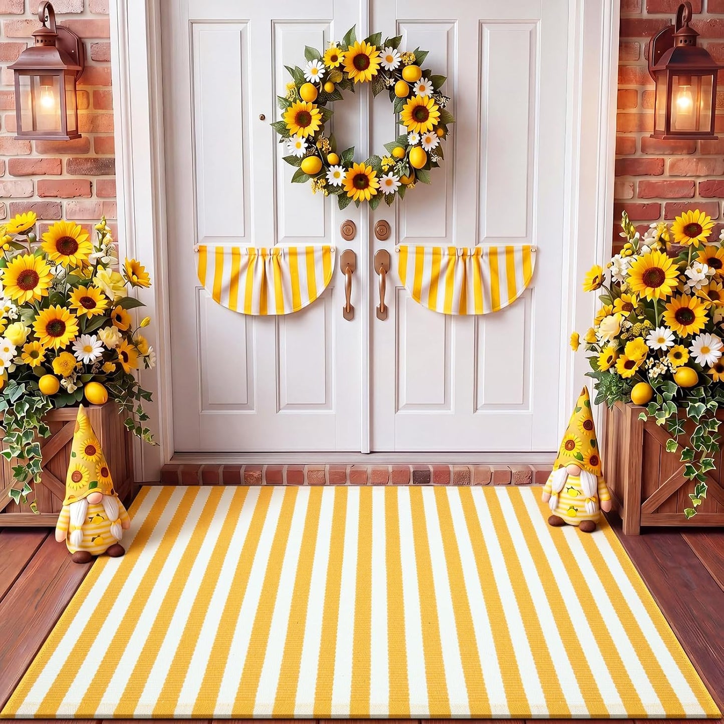 Yellow and White Summer Striped Rug 3' x 5' Outdoor Front Porch Door Mat Polyester Washable Entryway Rug for Home Farmhouse Decor