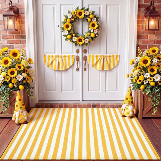 Yellow and White Summer Striped Rug 3' x 5' Outdoor Front Porch Door Mat Polyester Washable Entryway Rug for Home Farmhouse Decor