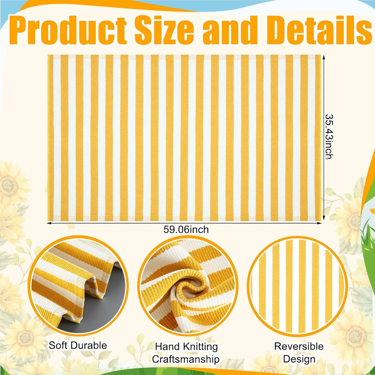Yellow and White Summer Striped Rug 3' x 5' Outdoor Front Porch Door Mat Polyester Washable Entryway Rug for Home Farmhouse Decor