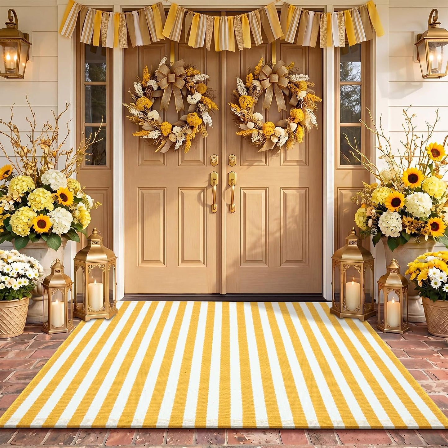 Yellow and White Summer Striped Rug 3' x 5' Outdoor Front Porch Door Mat Polyester Washable Entryway Rug for Home Farmhouse Decor