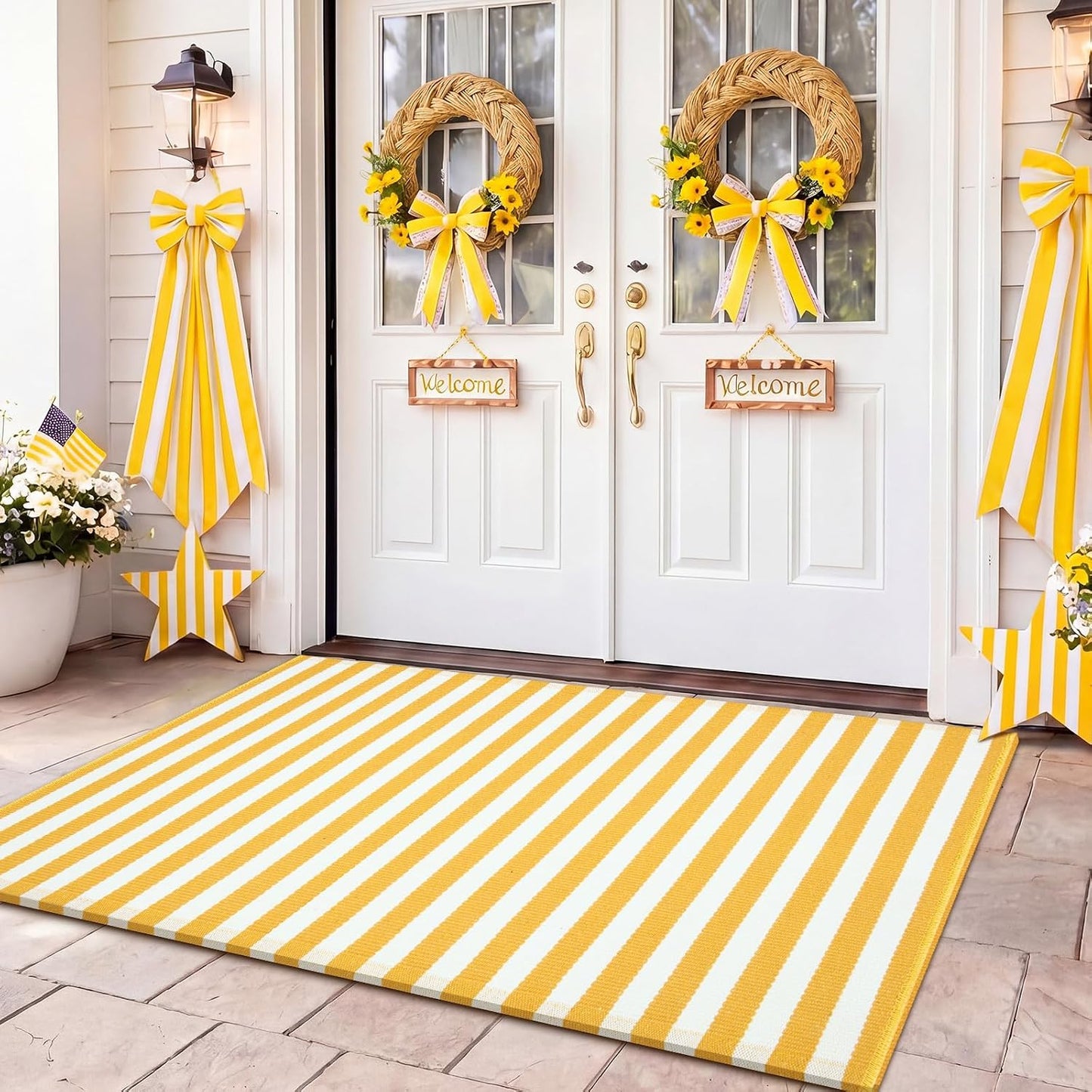 Yellow and White Summer Striped Rug 3' x 5' Outdoor Front Porch Door Mat Polyester Washable Entryway Rug for Home Farmhouse Decor