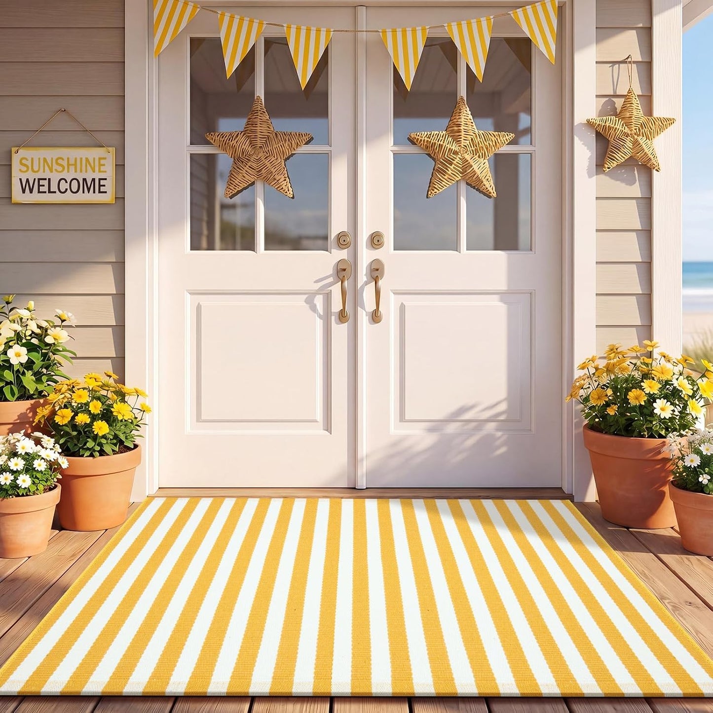 Yellow and White Summer Striped Rug 3' x 5' Outdoor Front Porch Door Mat Polyester Washable Entryway Rug for Home Farmhouse Decor