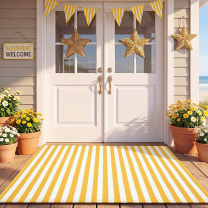 Yellow and White Summer Striped Rug 3' x 5' Outdoor Front Porch Door Mat Polyester Washable Entryway Rug for Home Farmhouse Decor