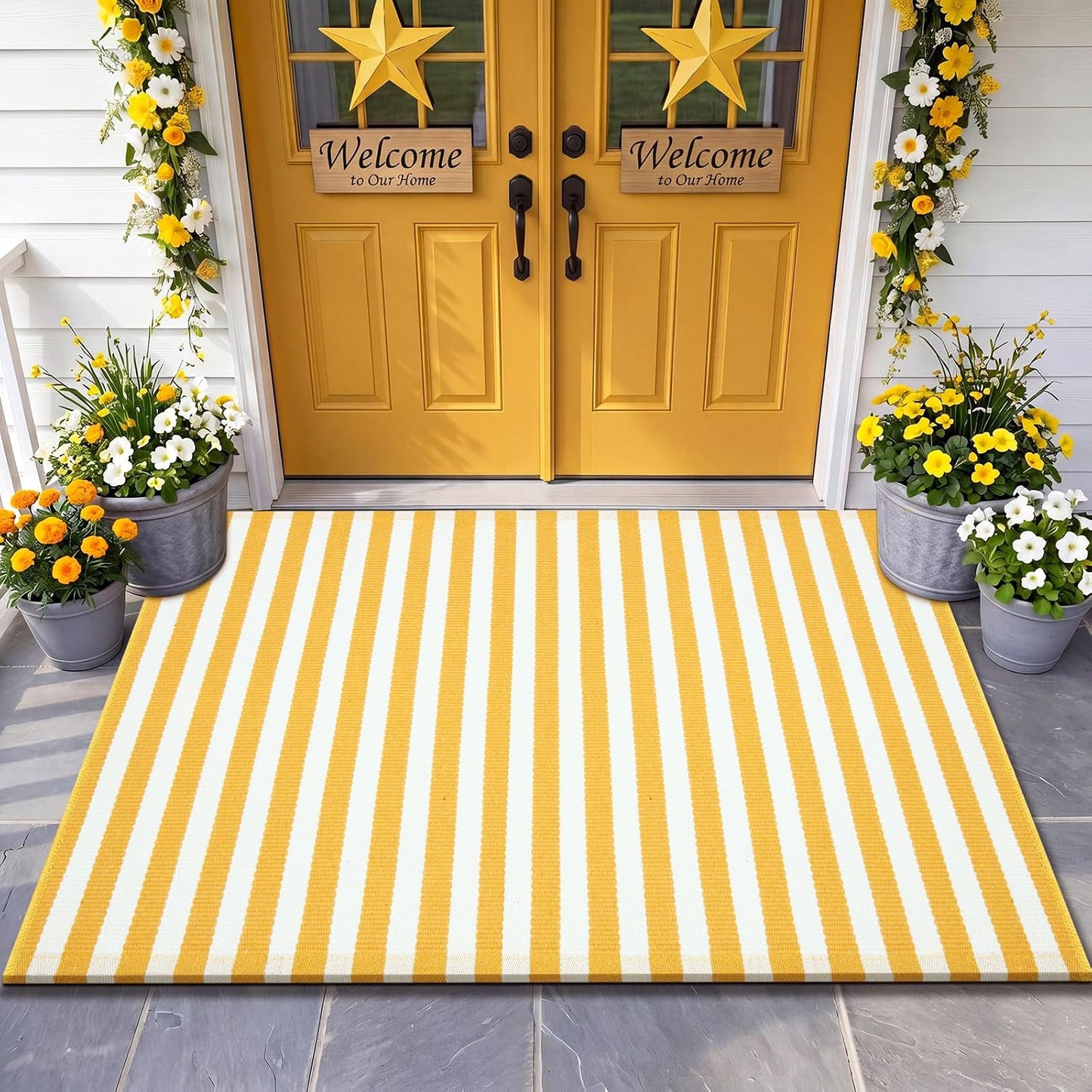 Yellow and White Summer Striped Rug 3' x 5' Outdoor Front Porch Door Mat Polyester Washable Entryway Rug for Home Farmhouse Decor