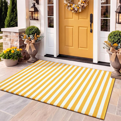 Yellow and White Summer Striped Rug 3' x 5' Outdoor Front Porch Door Mat Polyester Washable Entryway Rug for Home Farmhouse Decor