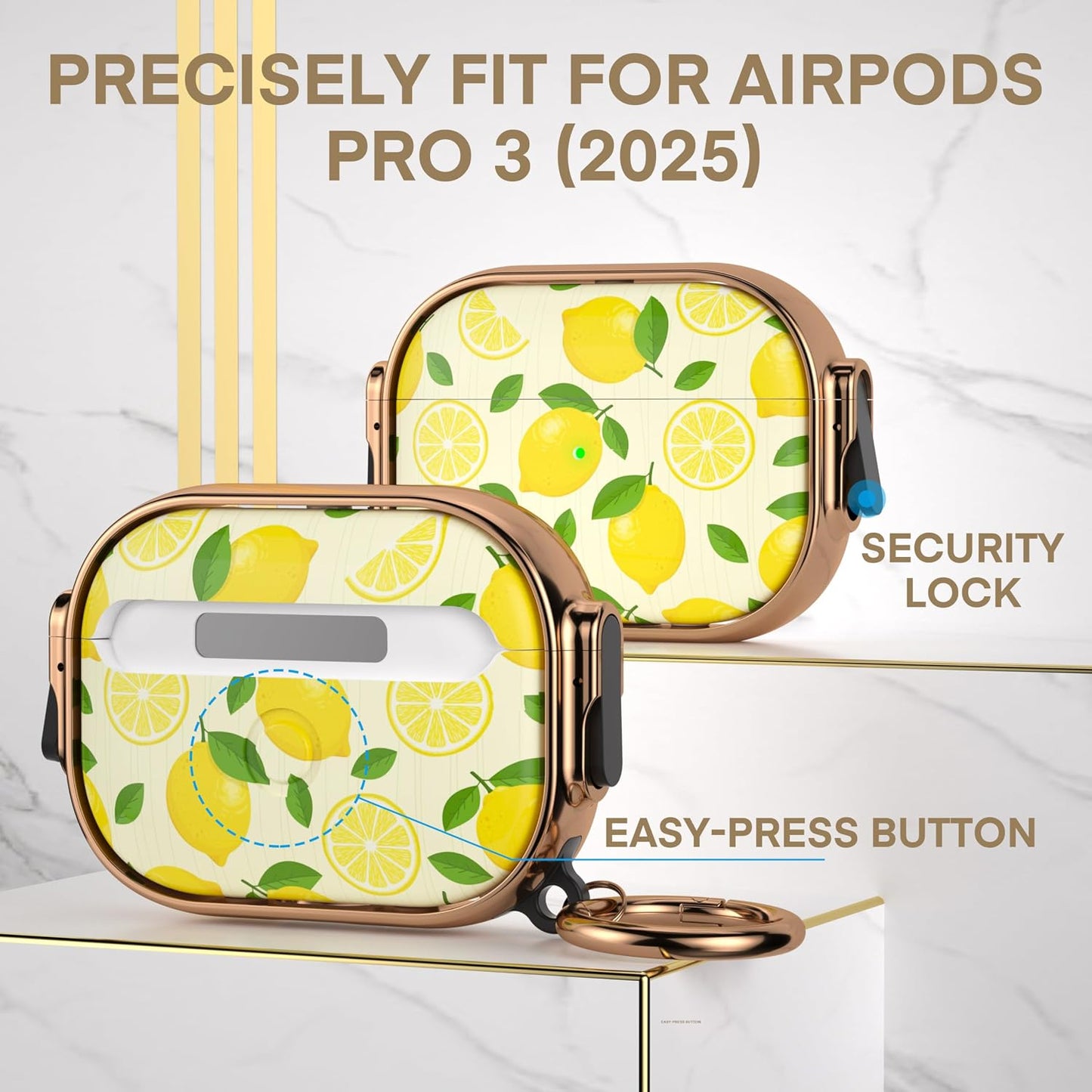 for AirPods Pro 3rd Case with Safety Lock,Magsafe Compatible,Lemon | Double Secure Lock,Drop Protection,Two-Piece Design,with Gold Keychain, Anti Lost, Dustproof, Cute AirPods Pro 3 Case