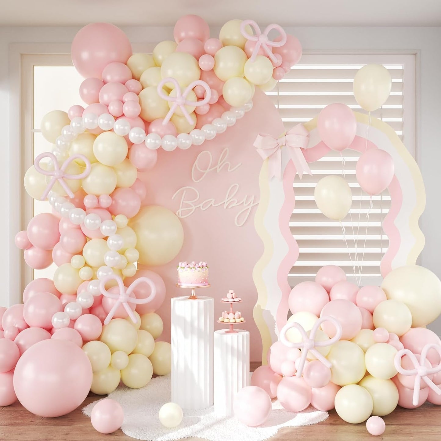 Pink and Yellow Balloon Arch Garland Kit with Coquette Bow | Light Pink Yellow Pearl White Balloon with Long Balloons for Birthday Bridal Wedding Baby Shower Party Decorations