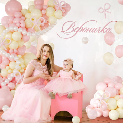Pink and Yellow Balloon Arch Garland Kit with Coquette Bow | Light Pink Yellow Pearl White Balloon with Long Balloons for Birthday Bridal Wedding Baby Shower Party Decorations
