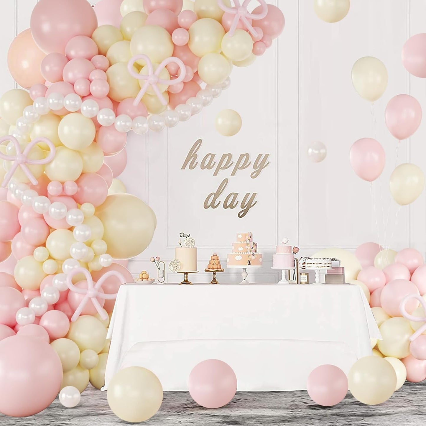 Pink and Yellow Balloon Arch Garland Kit with Coquette Bow | Light Pink Yellow Pearl White Balloon with Long Balloons for Birthday Bridal Wedding Baby Shower Party Decorations