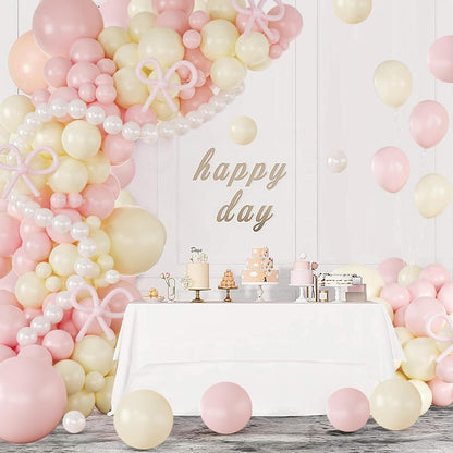 Pink and Yellow Balloon Arch Garland Kit with Coquette Bow | Light Pink Yellow Pearl White Balloon with Long Balloons for Birthday Bridal Wedding Baby Shower Party Decorations