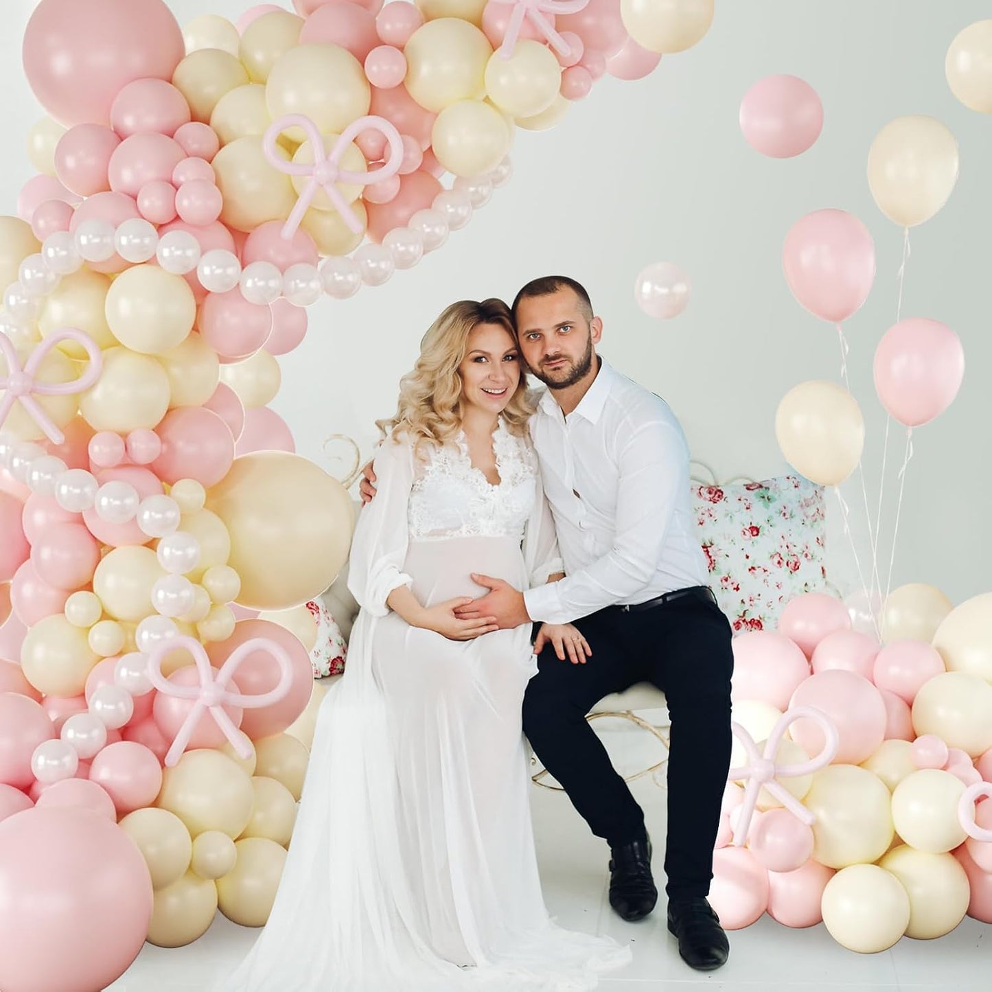 Pink and Yellow Balloon Arch Garland Kit with Coquette Bow | Light Pink Yellow Pearl White Balloon with Long Balloons for Birthday Bridal Wedding Baby Shower Party Decorations