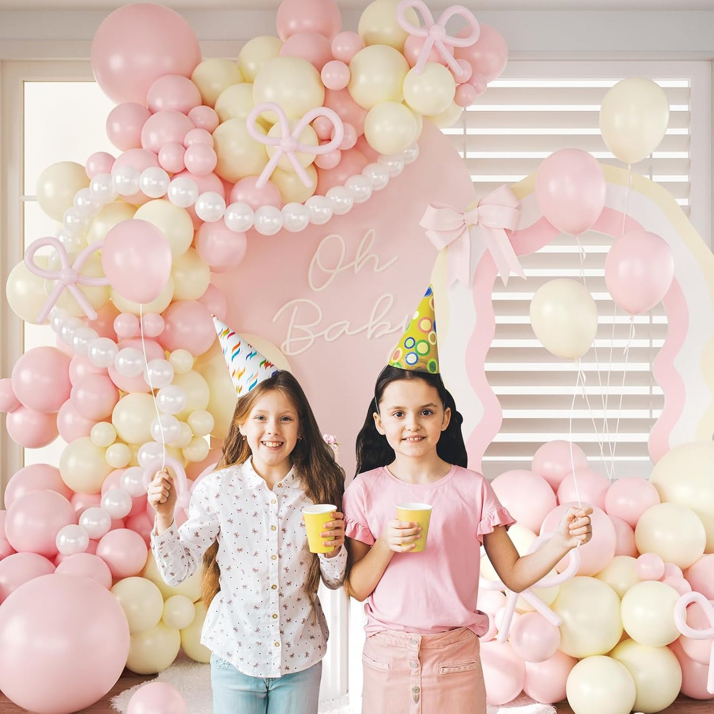 Pink and Yellow Balloon Arch Garland Kit with Coquette Bow | Light Pink Yellow Pearl White Balloon with Long Balloons for Birthday Bridal Wedding Baby Shower Party Decorations