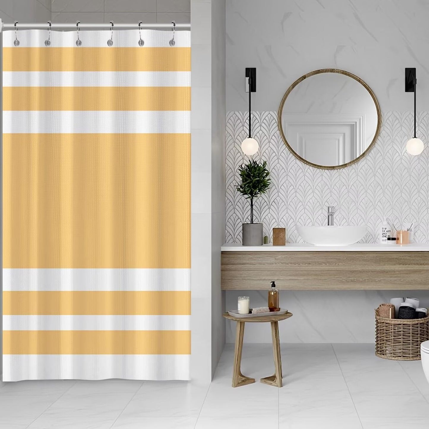 White Yellow Shower Curtain for Bathroom 36x72inches Boho Yellow and White Striped Stall RV Waffle Shower Curtain Set with Hooks Bohemia Geometric Decor Waterproof Fabric Shower Curtain