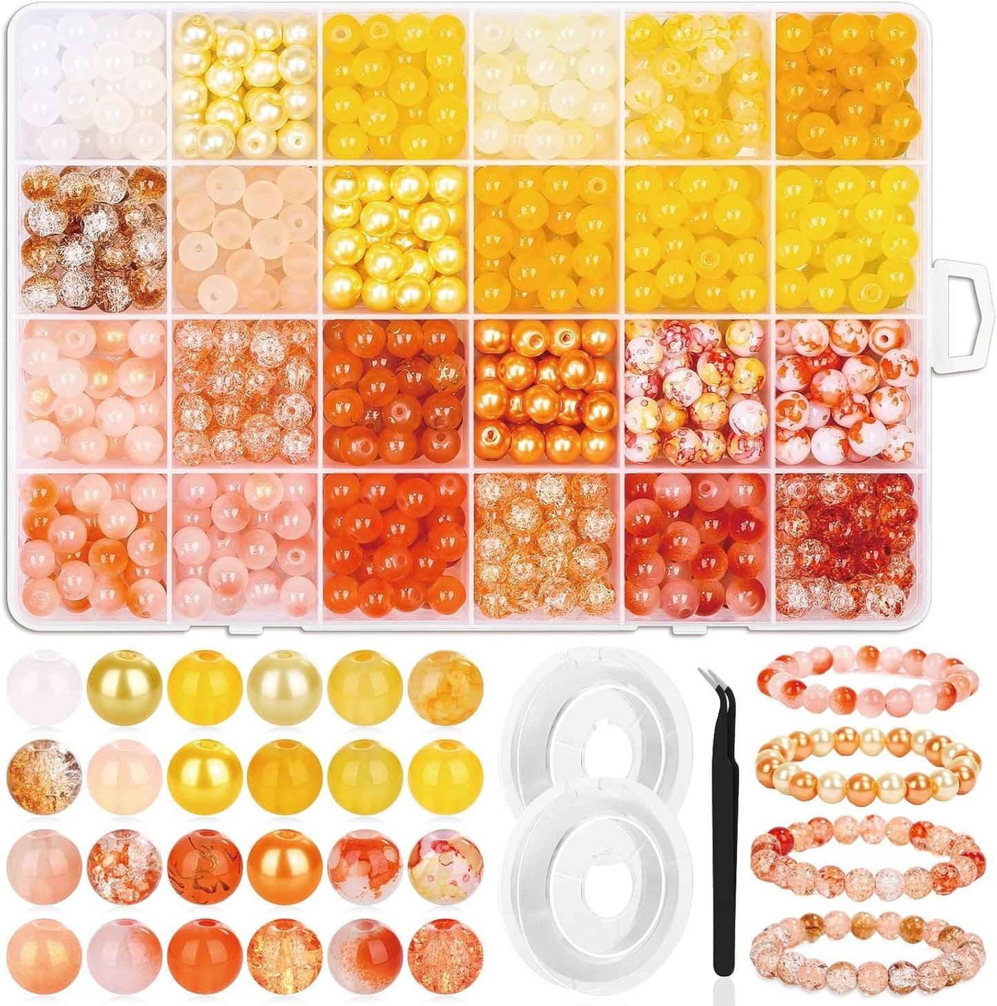 720pcs 8mm Glass Beads for Jewelry - 24 Color Loose Beads for Bracelets, Earrings, Necklaces - Jewelry Making Supplies, Orange and Yellow