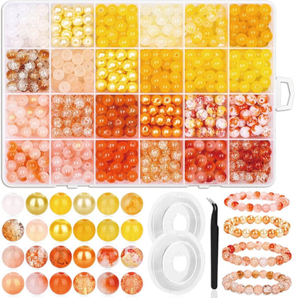 720pcs 8mm Glass Beads for Jewelry - 24 Color Loose Beads for Bracelets, Earrings, Necklaces - Jewelry Making Supplies, Orange and Yellow