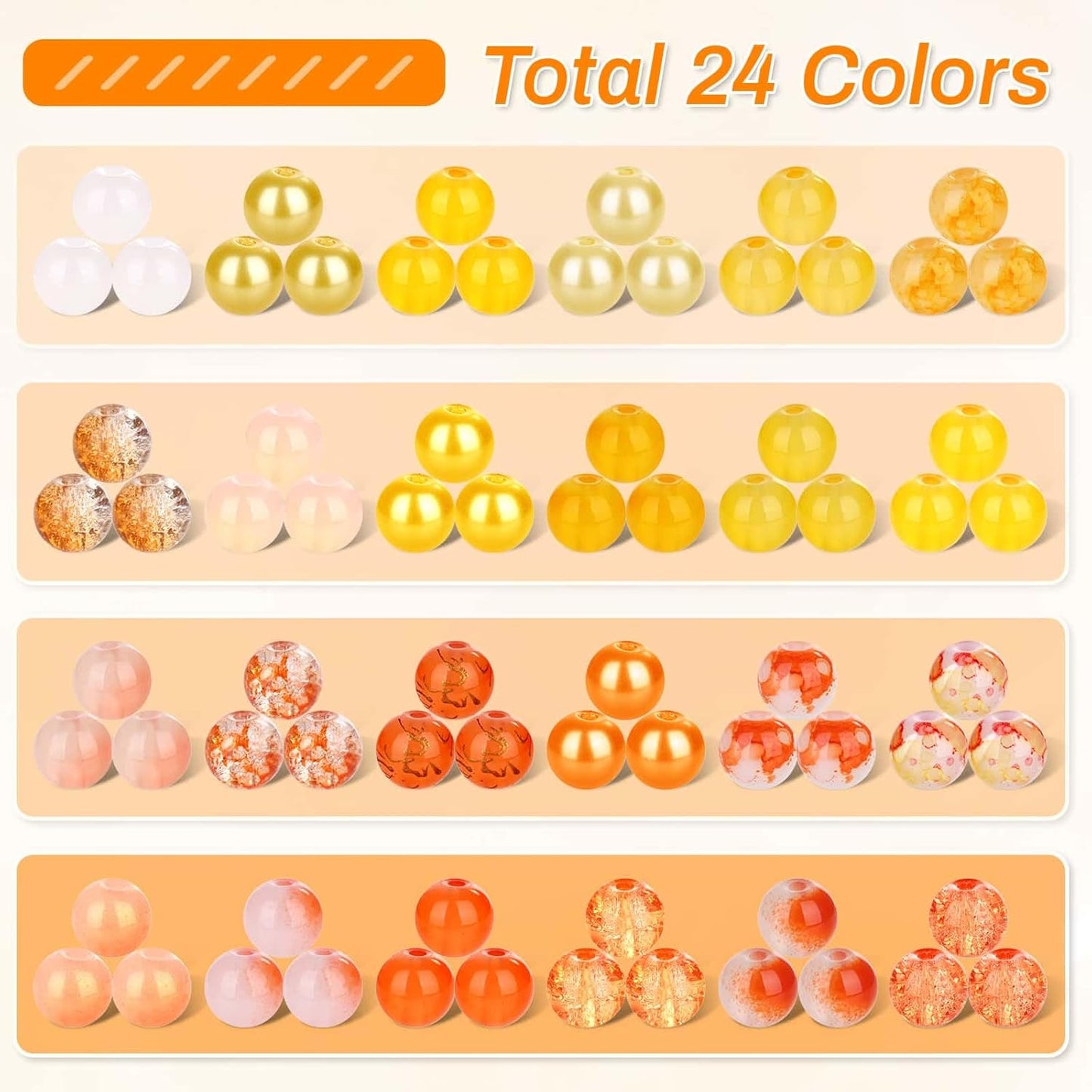 720pcs 8mm Glass Beads for Jewelry - 24 Color Loose Beads for Bracelets, Earrings, Necklaces - Jewelry Making Supplies, Orange and Yellow