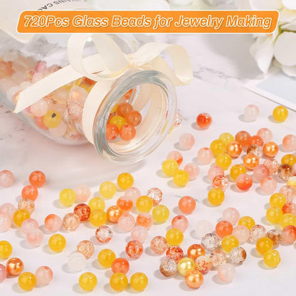 720pcs 8mm Glass Beads for Jewelry - 24 Color Loose Beads for Bracelets, Earrings, Necklaces - Jewelry Making Supplies, Orange and Yellow