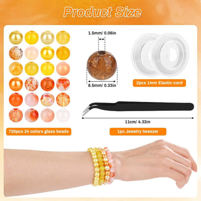 720pcs 8mm Glass Beads for Jewelry - 24 Color Loose Beads for Bracelets, Earrings, Necklaces - Jewelry Making Supplies, Orange and Yellow