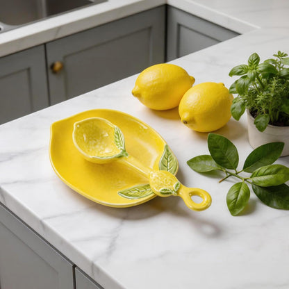 Lemon Ceramic Spoon Rest for Stove Top & Kitchen Counter, Cute lemon decor & accessories for Countertop, Great for Salad, Fruit, Dessert, Functional Kitchen Utensils with Charming Style