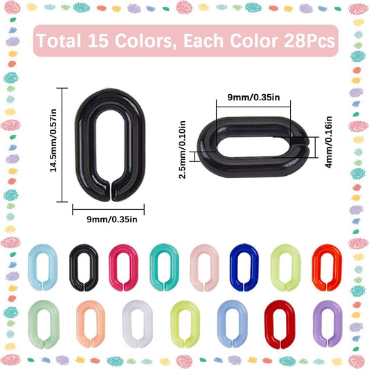 420Pcs 15 Colors Acrylic Links Chain Jewelry Linking Rings Opaque Rainbow Colorful Oval Cable Curb Open Clip Hooks Quick Link Connector for Jewelry Making Necklace Chains Purse DIY Crafts