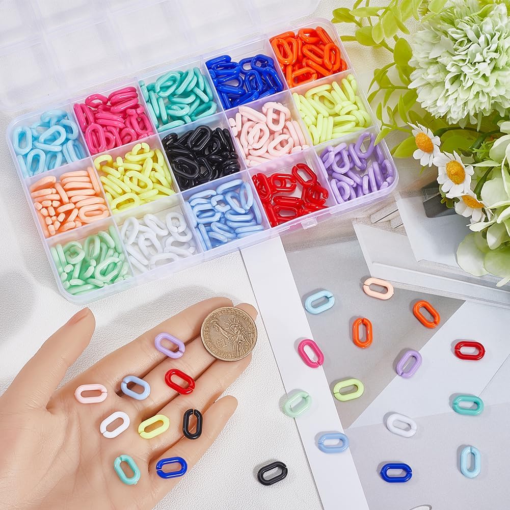 420Pcs 15 Colors Acrylic Links Chain Jewelry Linking Rings Opaque Rainbow Colorful Oval Cable Curb Open Clip Hooks Quick Link Connector for Jewelry Making Necklace Chains Purse DIY Crafts