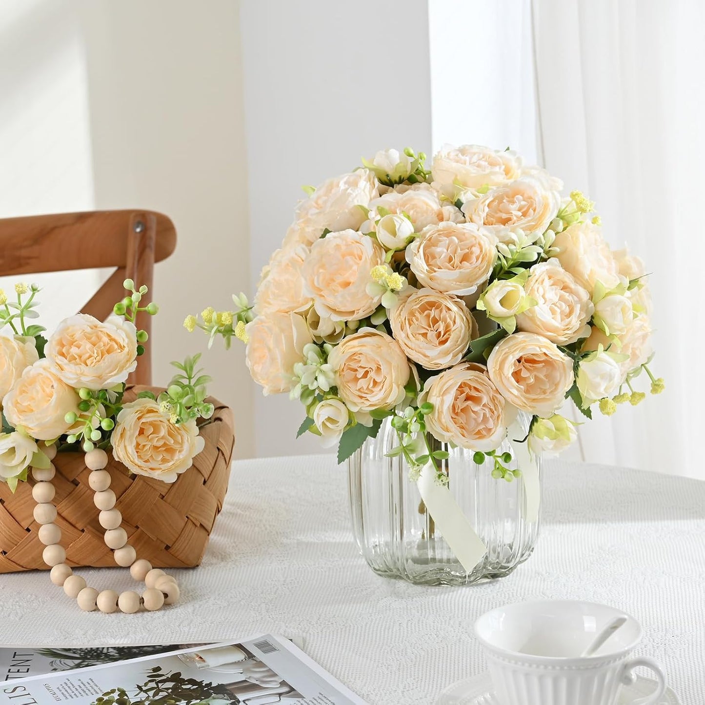 4 Packs Peonies Artificial Flowers, Champagne Silk Artificial Peonies | Fake Peonies Artificial Peony Flower Bouquets for Centerpiece Table Wedding Party Home Decor