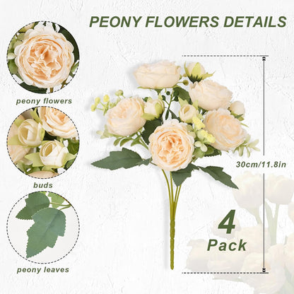 4 Packs Peonies Artificial Flowers, Champagne Silk Artificial Peonies | Fake Peonies Artificial Peony Flower Bouquets for Centerpiece Table Wedding Party Home Decor